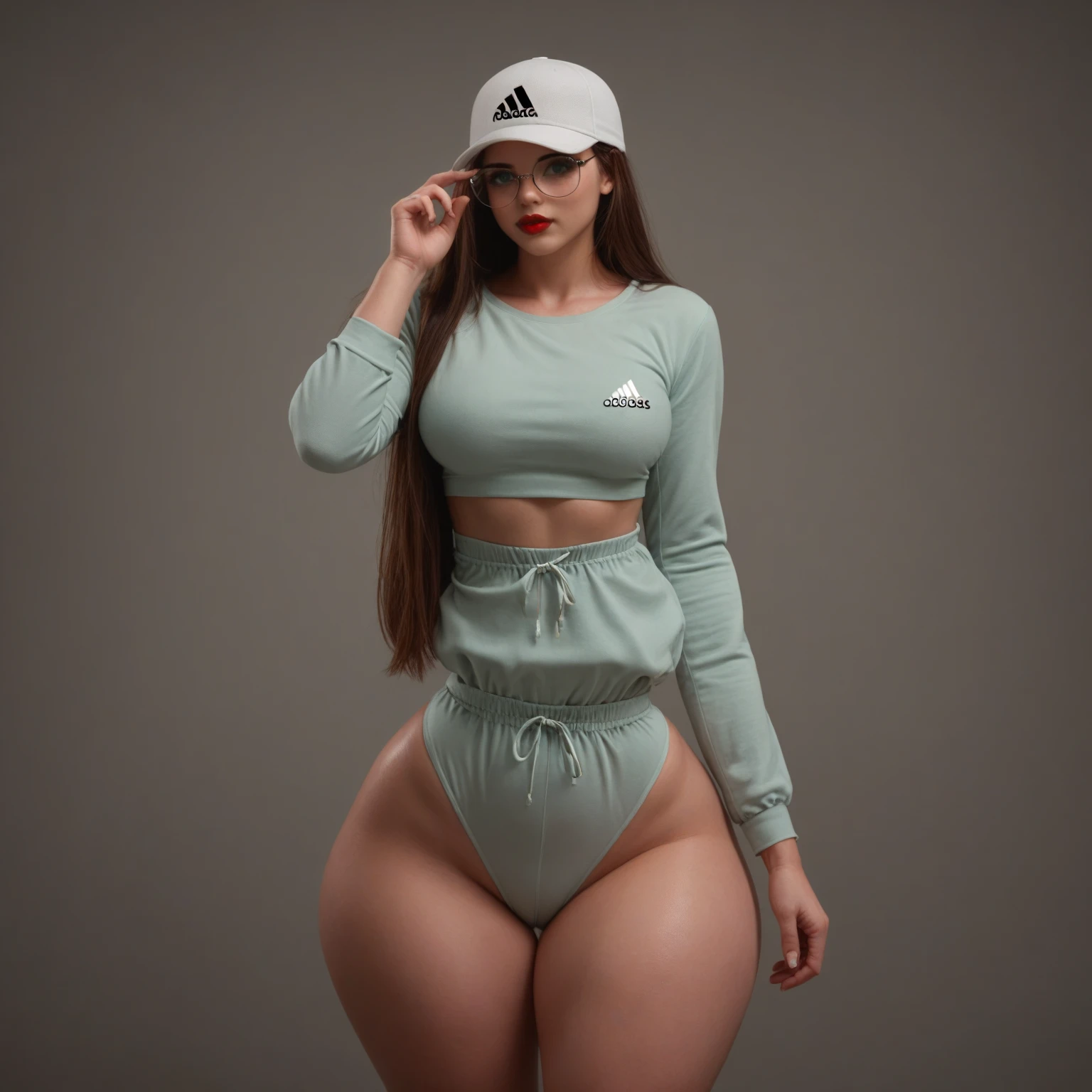 Blonde Asian woman with voluptuous large breasts large thighs wearing golden nike t-shirt of white panties wearing Nike sneakers walking down the street