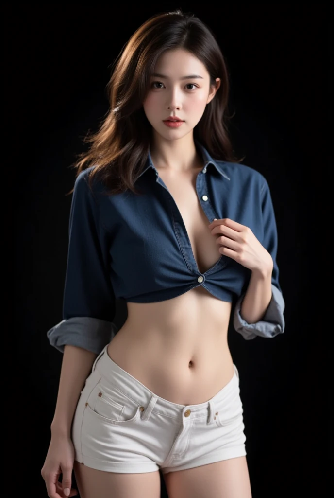 ((1girl)), woman, masterpiece, best quality, highest quality, cinematic lighting, (volumetric lighting), extremely detailed CG unity 8k wallpaper, focused, 8k wallpaper, extremely detailed, ultra realistic, photorealistic, sharp focus, absurdres, (HDR:1.2), (high contrast), photograph, detailed and intricate, instagram, portrait, highly detailed, digital painting, artstation, concept art, smooth, sharp focus, illustration, cinematic lighting, (big breast:1.2), (((skinny, super slim legs))), (japanese idol posture), (Half nude, short pants), looking at the viewer, (I don't see arms)), ((Standing)), ((Medium body shot, hip level shot))