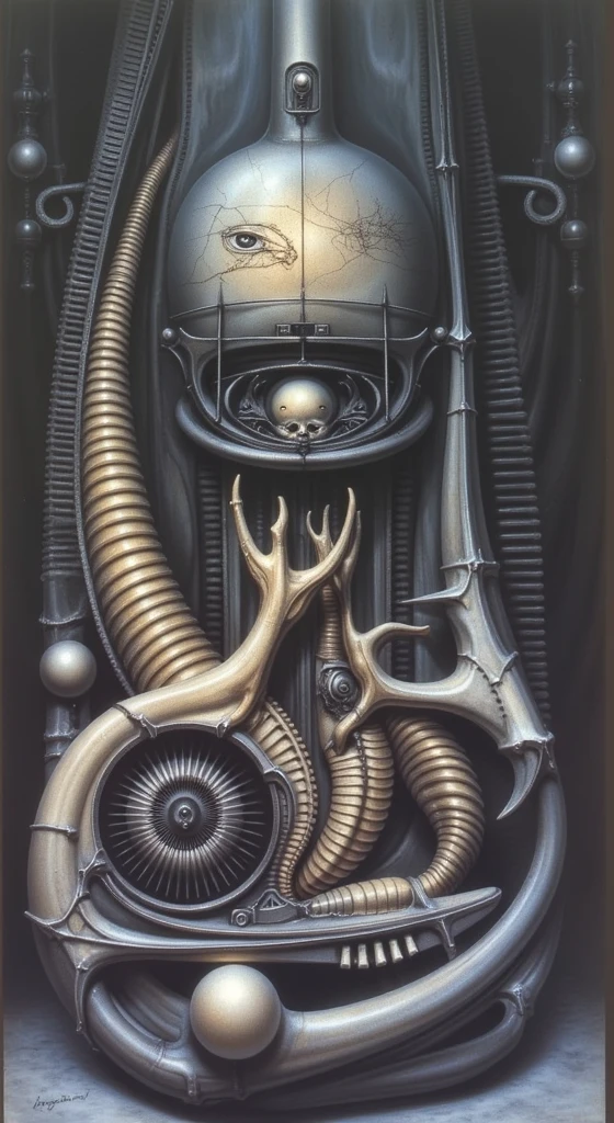 g1g3r, Giger_style, The image is a detailed view of H.R. Giger's \" Li II \" plate, featuring a complex network of bones and organs in a purple-brown hue ,swirling gray and brown colorsgroup of three alien figures positioned in the foreground. Emaciated and skeletal, with hollow eyes, they appear to be constructed from bone and metallic elements, a characteristic fusion of organic and mechanical forms found in Giger's biomechanical art.
The image features a robotic humanoid figure with intricate mechanical details, standing in a room with a glowing screen displaying the word \"EVE\" and a hand reaching out to touch its face. The background is a dark and limited space painted in a uniform blue-green color. This lack of detail keeps the focus on the figures and creates a sense of mystery about their environment. Receding into the distance are a series of arches and tunnels that hint at a larger biomechanical landscape, possibly the work of the creatures themselves The artwork is silver and purplish brown, with an ivory bones prominently displayed. The image is highly detailed and intricate, almost like a 3d version of a medical diagram (detailed view of an anatomy model, possibly of a human body, with transparent organs and bones exposed). The piece has a thick mechano-organic texture and is covered in fine details. The image has a swirling, organic quality to it. The artistic manner would be unmistakably Gigeresque. A dark and unsettling beauty would permeate the piece, blurring the lines between fascination and repulsion , forever haunted by the grotesque allure. Giger's signature artistic manner would be evident in every stroke. The airbrush would be wielded with masterful precision to create a hyperrealistic yet nightmarish aesthetic.., ooze soaked pajama top
