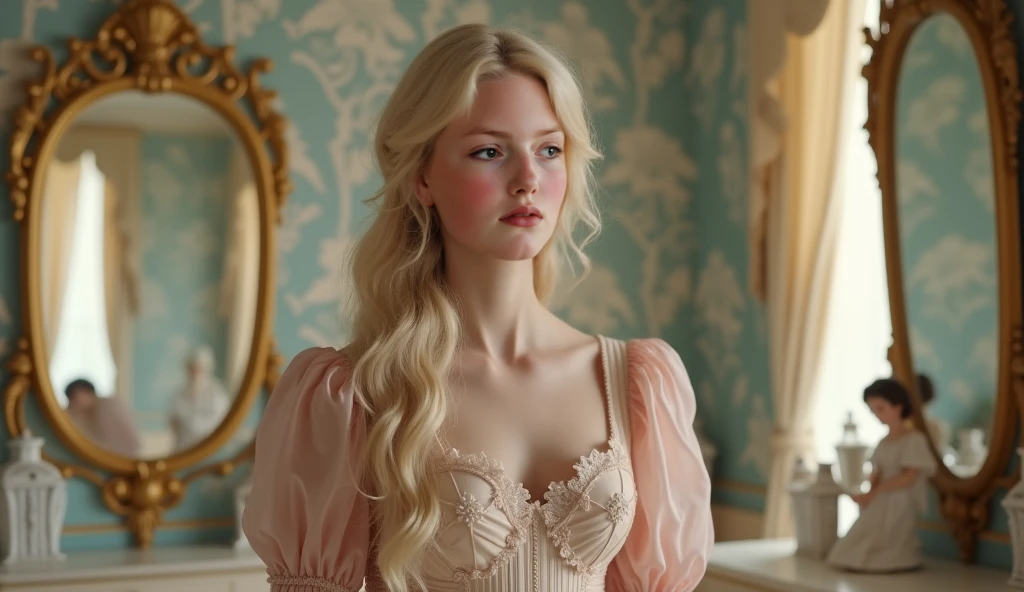 solo, realistic, photorealistic, natural lighting, (large forehead, (((Latvian woman))), (((Latvian nose))), (((Latvian eyes))), (((blonde))), (((braids))), (((Latvian face))), (((Latvian lips))), (((Latvian body))), (((fair complexion))) pose: sitting on a chair, smiling, wearing Corset-Style Dress , cleavage, , background:Located downtown, this elegant lounge features art deco accents, velvet drapes, and a grand piano. Guests sip classic cocktails amidst crystal chandeliers and black-and-white cityscape photographs, serenaded by live jazz music.