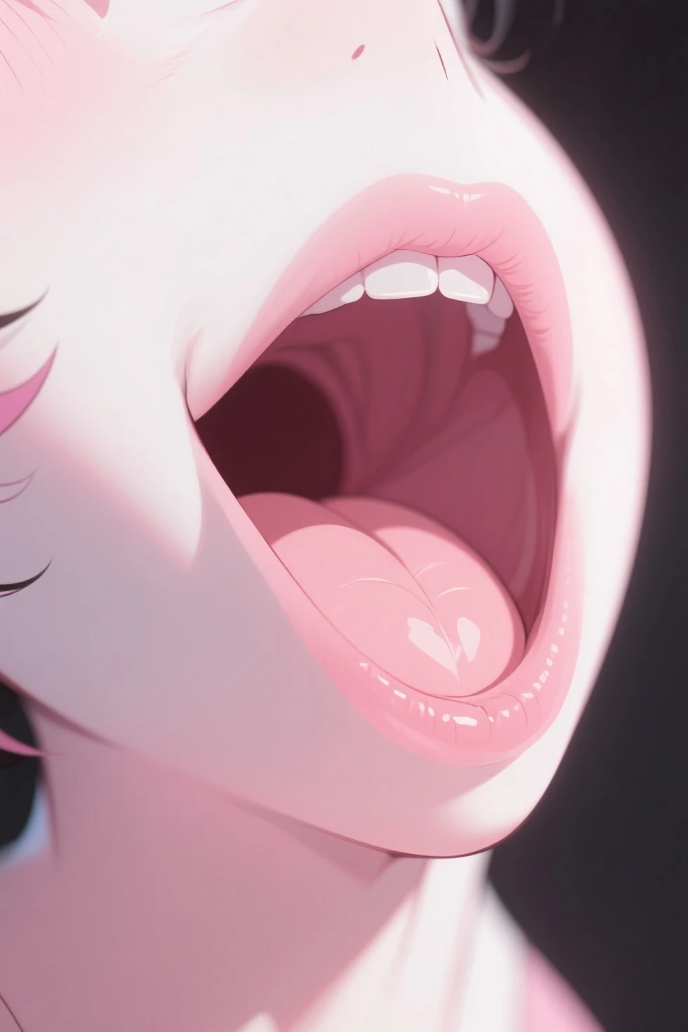 Solo, score_9,score_8_up score_7_up, source_furry, anthro, Sylveon, white and pink, pokemon, female, sitting, on a bed, high angle shot, close up, close up on face, open mouth, tongue out, (extreme close up focus on mouth:1.2), focus on mouth, tongue, uvula, macro shot, looking up at viewer, looking upwards at viewer, horny eyes, saliva, lots of saliva