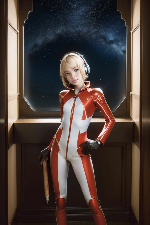 (Masterpiece, Best quality, highest resolution, distinct_Image): (One, full figure, small breasts, sparkling blue eyes, red and white pilot suit, обтягивающая cloth, cloth, covering the whole body, beauty, cheerful, beautiful, slender body, exoskeleton, Gundam Pilot) Alisa Selezneva, Dynamic angle, ultra detailed, Illustration, close-up, straight, only 1 woman, ((headset interface, red suit: 1.4, blonde)),Her eyes shone like dreamy stars,(Bright eyes:1,233 ),(Beautiful and detailed eyes:1.1),(inexpressive, closed mouth), back "Jack O" outside, (standing), (Mechanics room with tools and spaceship window on white spaceship), (night:1.2),dreamy, [[Delicate fingers and hands:0.55]::0.85],(detail fingers)))