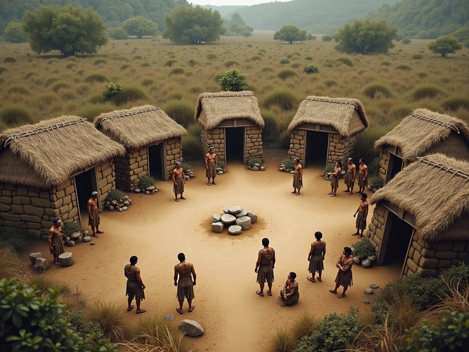 A scene depicting early contact between English settlers and the Croatoan tribe, with the settlers assimilating into the tribe's community and participating in their daily activities.