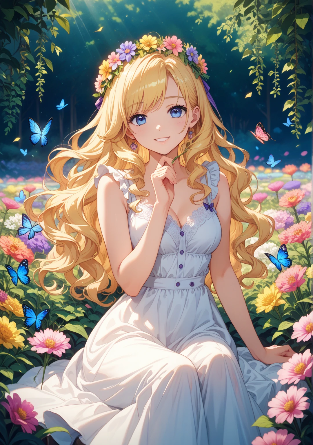1 sexy girl, long blonde hair, lavender, lingerie, very small breasts, lace dress, holds her breasts with her hands, shows her breasts, smile, flower garden, full body, sitting, mountains in the distance, light particles,, art inspired by Bill Sienkiewicz and Dave McKean
