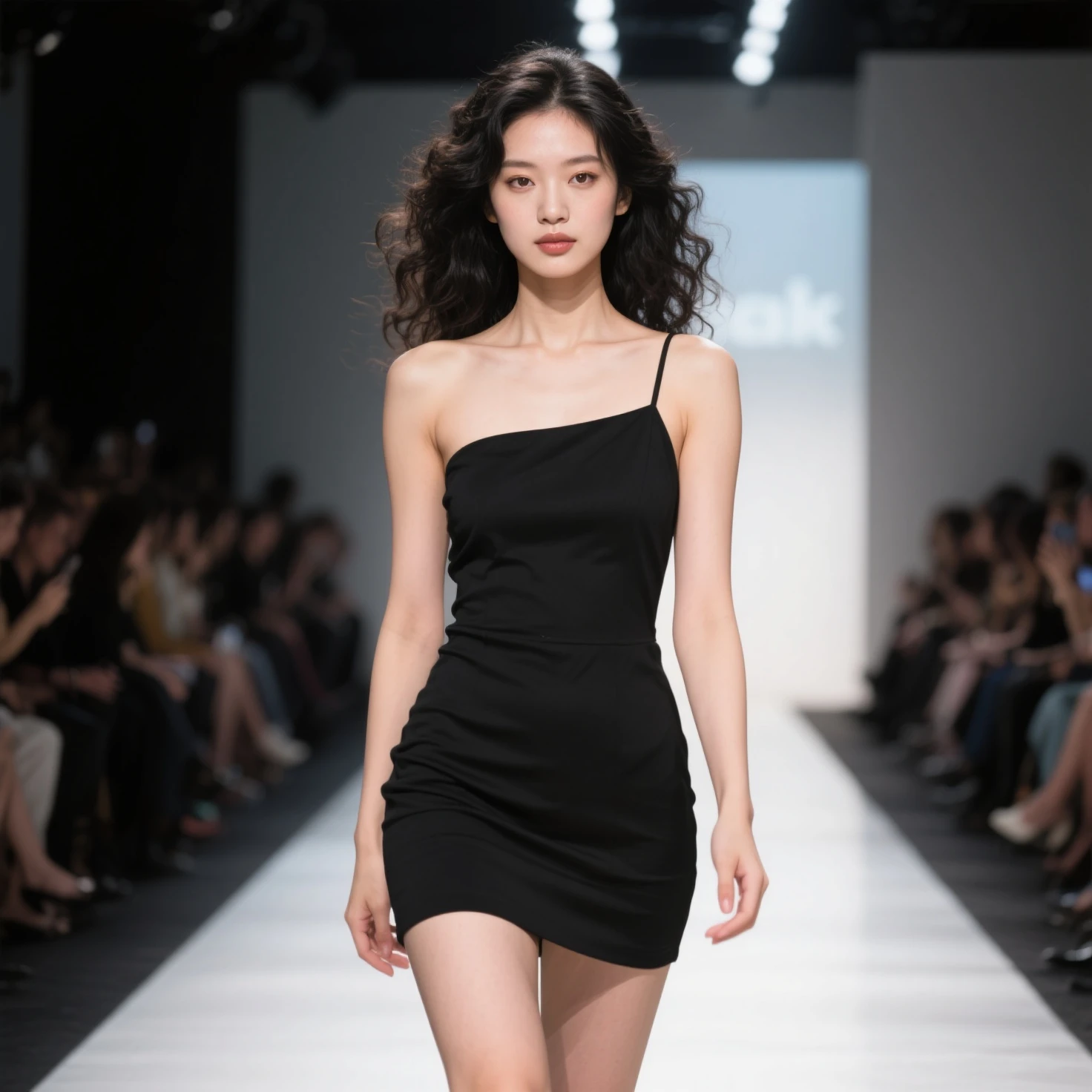 (8k, Top quality, Masterpiece:1.2), (Realistic, photo-realistic:1.37), Super detailed, perfect anatomy, cute, small eye, Fashion model outfit, 18 years old, Japanese, girl, at runway,
