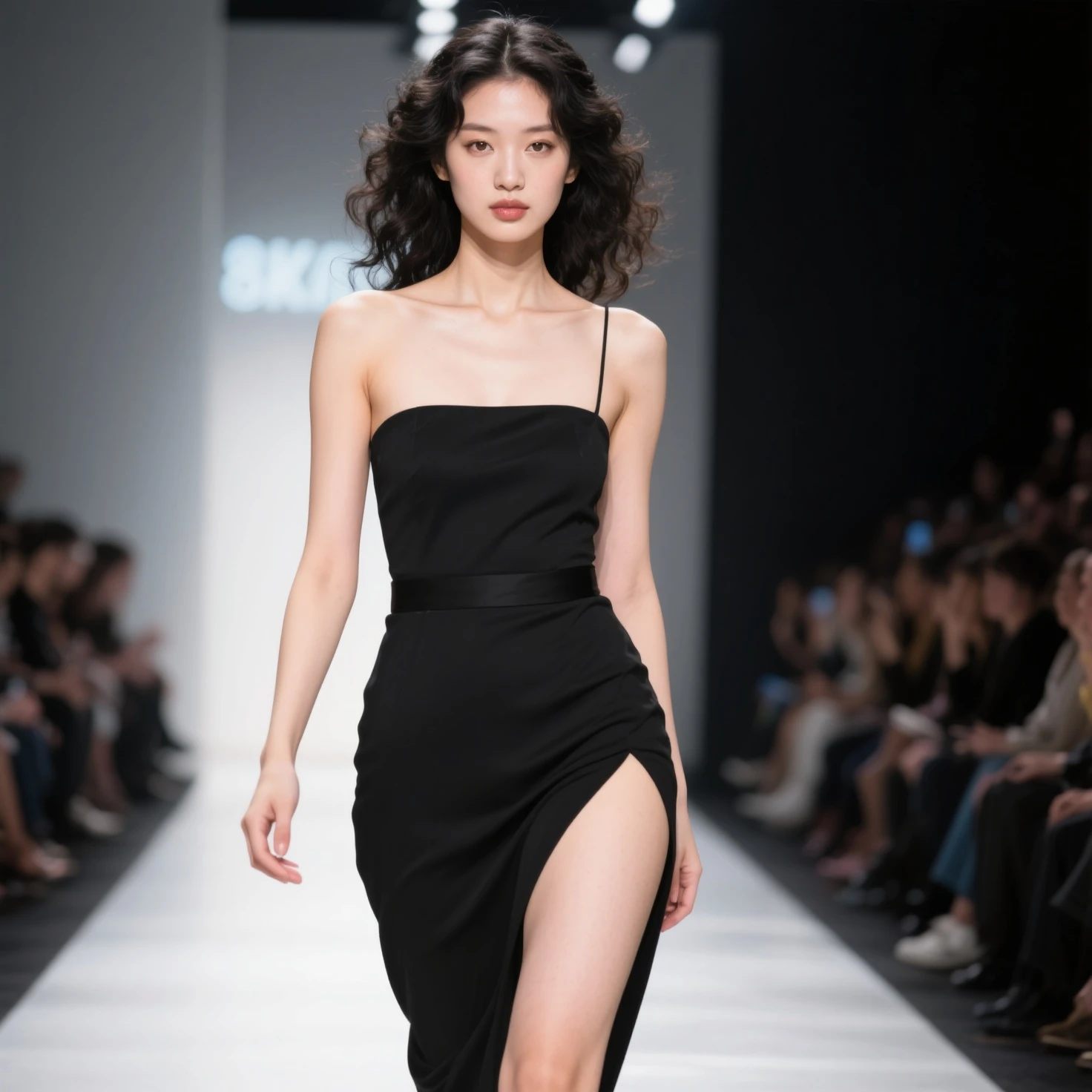 CThroughClothV1, See Through Clothes, See Thru Clothes, Sheer Clothes, 1girl, cute amateur runway model, high fashion show, public, on a fashion runway, detailed, dynamic pose, happy, (close up), asian woman