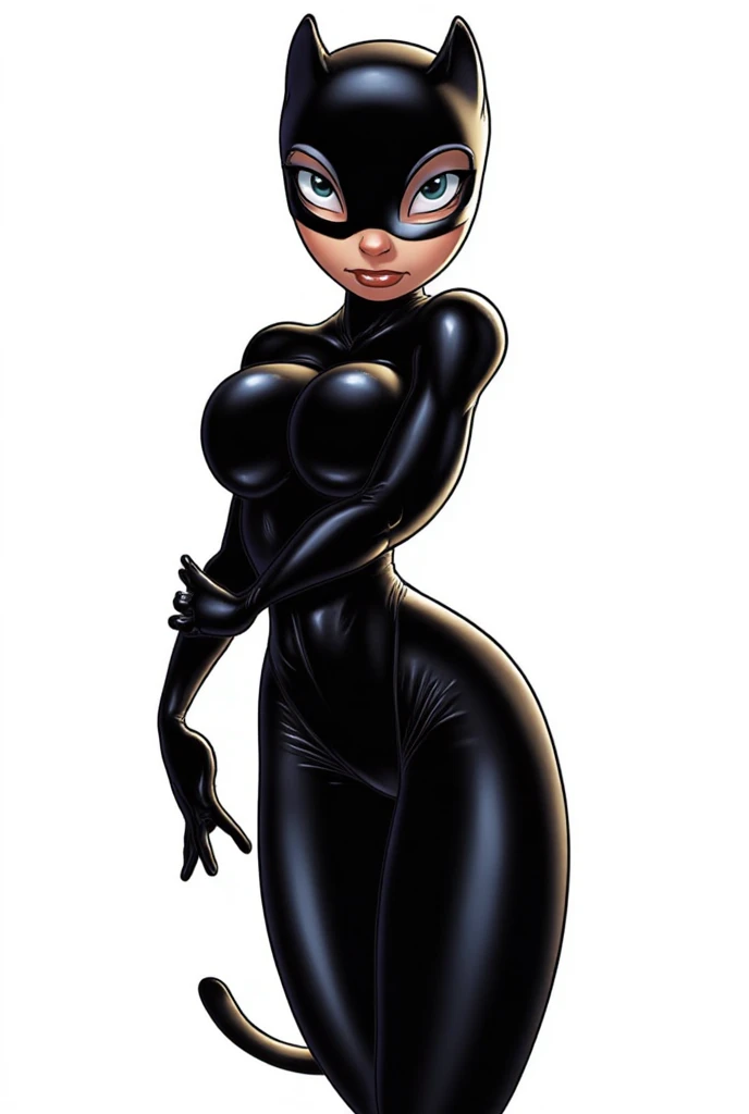Bowei, catwoman, selina kyle, 1girl, upper body, slim body, slim thighs, bodysuit, belt, detail eyes, mask , solo, lips, gery bodysuit , looking at viewer, simple background, gloves, room background, mole under mouth, eyeshadow, hands on hips, grey bodysuit,leather, latex, purple lips, 8k detailed,