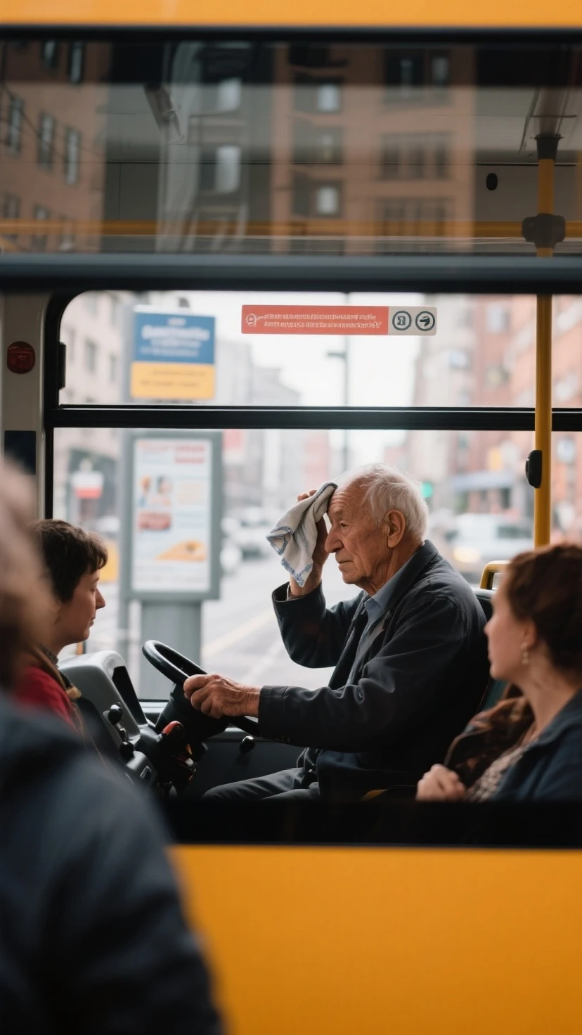 "Une photo d'un bus bondé avec un vieux homme assis, les épaules voûtées et les larmes coulant sur ses joues a grosse goutte. Il a un visage triste et abattu, contrastant fortement avec l'agitation et l'activité des autres passagers autour de lui, qui semblent ignorer ou ne pas remarquer sa détresse."