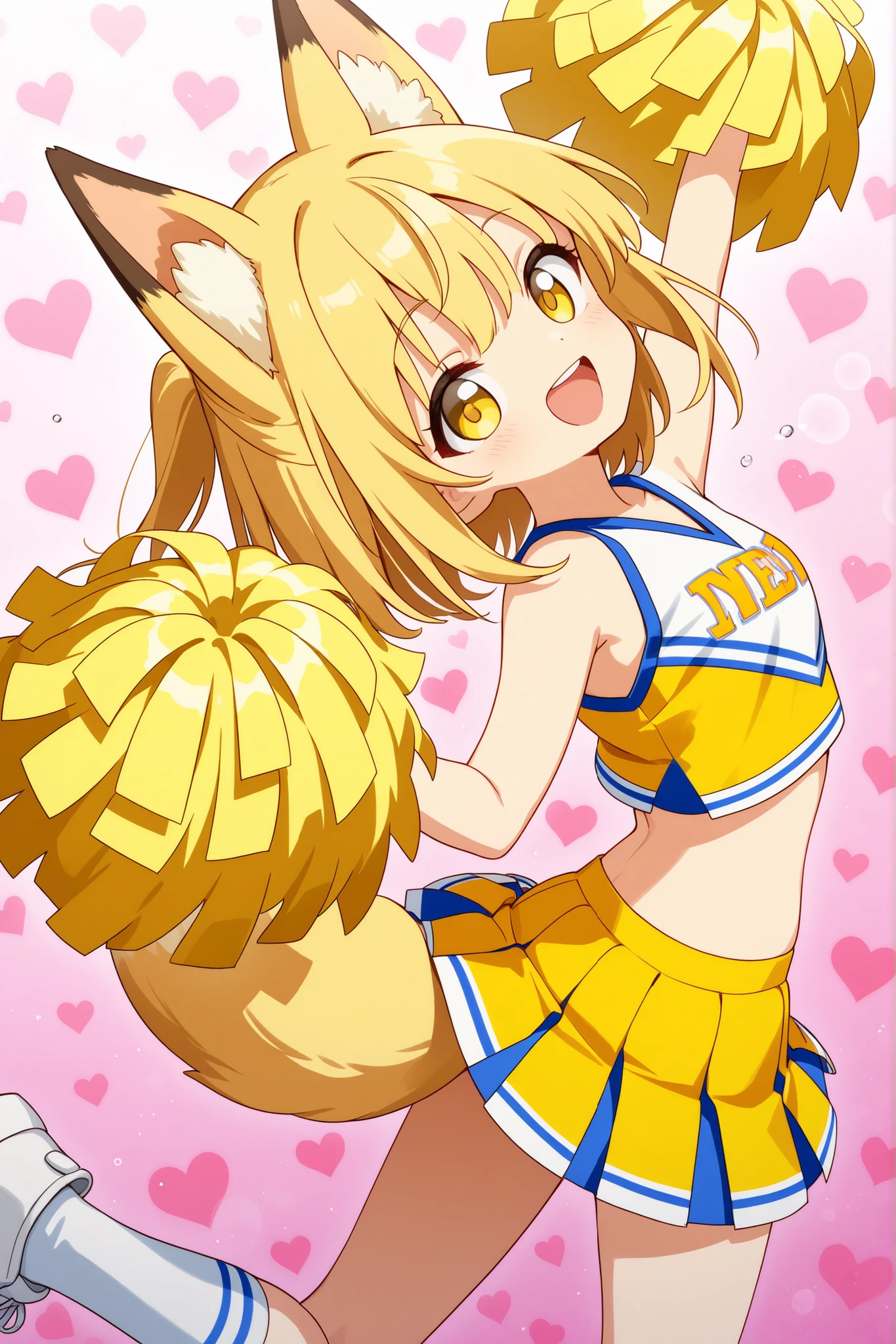 (masterpiece, Highest Quality), (colorful),one girl, fox ears,foxtail,long yellow hair,yellow eyes, best smiles,open your mouth,heart background, cute cheerleader,yellow cheerleader costume,Unsco,super precise illustration, High detail during meals , dynamic angle, beautiful detailed, 8k, (high resolution), anime style,cute,Make a heart with your fingers,winks at the end, clean and clean ,lens flare,Watch Viewers, cheering,