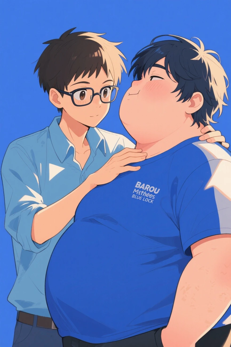 (Highest quality)), ((masterpiece)), (detailed), Young age boy、muscle、Completely naked、Thick、Chubby body type、Are fat、Fair skin、Gay couple、hugging each other intensely、School classroom、Actively touching the body、Glasses、Thick thighs、muscle質なお尻、Licking nipples