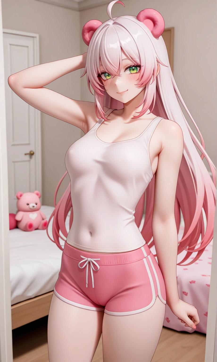 masterpiece, best quality, ultra-detailed, kawaii, cute, lovely, sexy, ero, extremely detailed, 4K, 8K, best quality, beautiful, rose, a , child, solo, gym shorts, beautiful gold hair, beautiful pink eyes, beautiful eyes, white-skinned, flat breast, tiny breast, slim, slender, blush