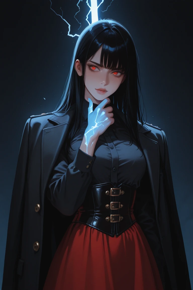 (masterpiece), (best quality), (Extremely detailed), (Best Illustration Award),(The best shadow), 一个美丽的吸Blood鬼 ,(Sharp eyeliner, Eyeshadow, Exquisite eyes:1.1),(Black trench coat), Long hair, Red Eyes, Fangs, Blood,, In a dark environment.