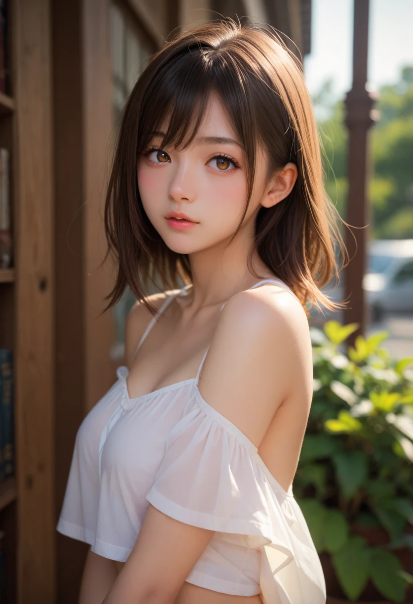 Ultra High Resolution, (Realistic: 1.4), RAW Photo, Best Quality, (Photorealistic), Focus, Soft Light, ((15 years old)), ((Japanese)), (Front, Young Face))), (Depth of Field), (One Piece), Masterpiece, (Photoreal), Woman, Bangs, (( off-the-shoulder top, Bedroom, 1 Girl))