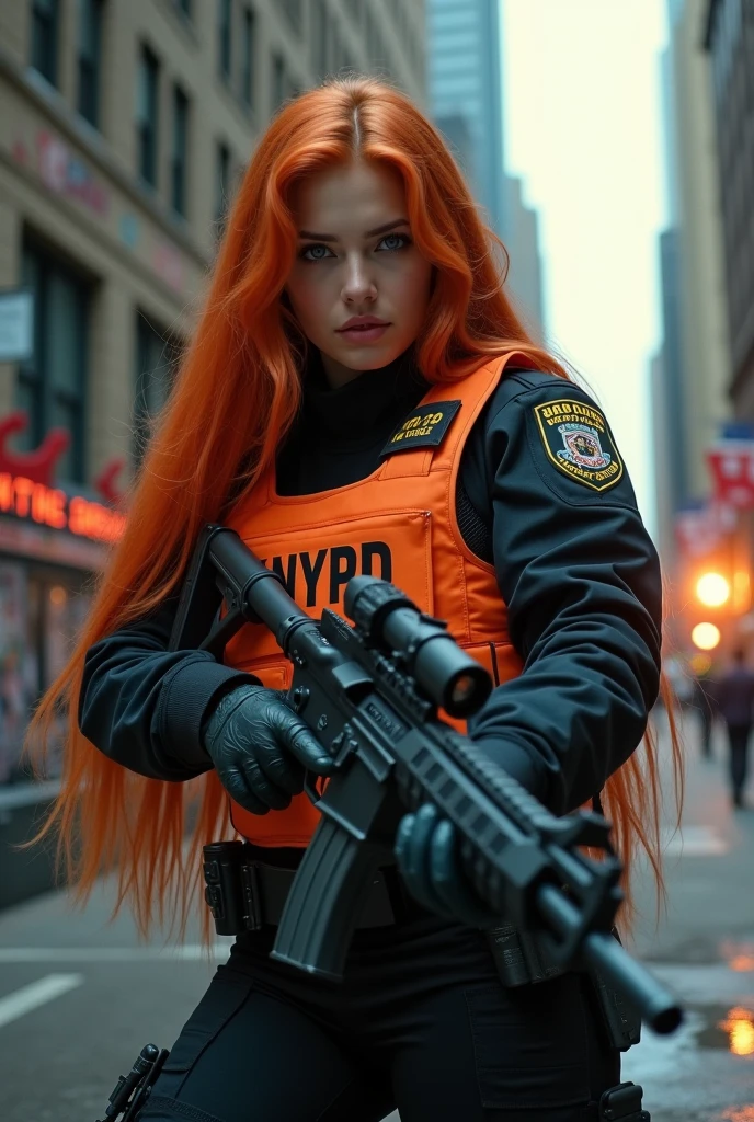 ultra realistic, photography, long red hair, girl, 24 years old, hourglass figure, perfect body, natural medium breasts, Flirty look, blur background, running through an alley, wearing a fake police outfit, hair in a ponytail, long legs, sprinting fast, dutch angle