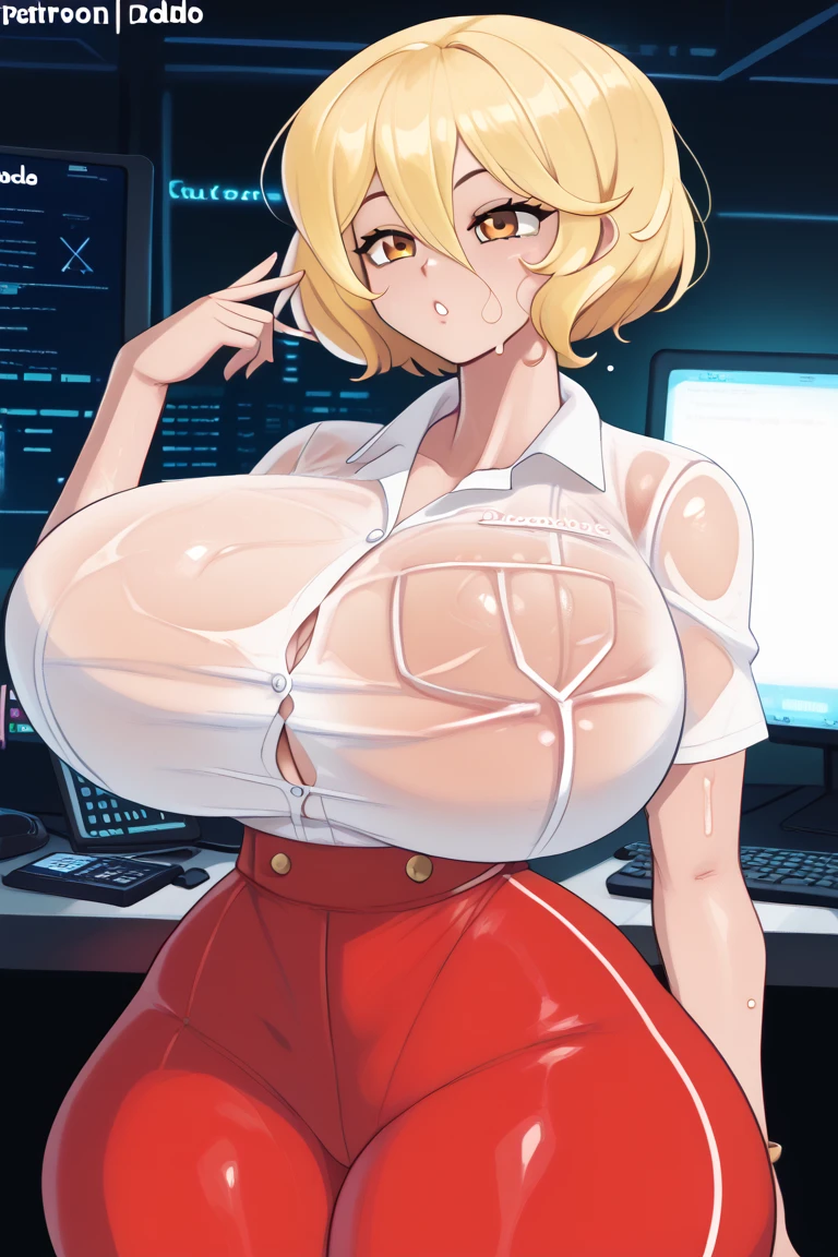 masterpiece , best quality , 1 sexy girl , solo , full body tight suit and bowtie , (covered nipples:0.9) , (gigantic tits:1.2) , (thick arm:1.1) , thick thigh , gigantic hip , (gold hair:1.1) , short hair , (plump:1.1) , robot joint , robot shoulder , embedded in machinery , lying on small sci-fi cockpit , surrounded by sci-fi machinery and monitor , folded , cable attached to the whole body ,spread legs , ahegao ,muscular , suit and tie, formal suit uniform, big shirt collar, formal white dress shirt, formal suit coat, huge giant red bowtie, formal suit clothing, high collar, sex machine, vaginal insertion, machine gun embedded in breasts, gatling gun breasts, gun barrels, breasts are embedded with guns, weaponized breasts