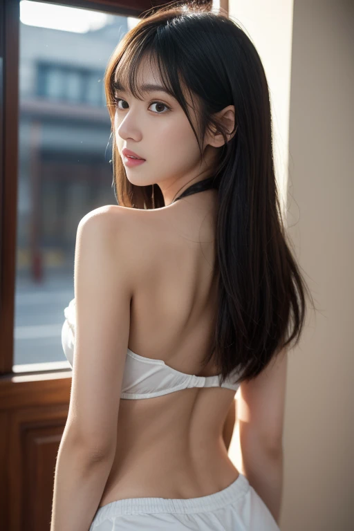 from below,The lower part of the body is wearing 、from behind,from back,Back view、turn around、8K、Detailed Description、Very high definition、Realistic、reality的、Real、live-action、reality、High resolution、Nogizaka46、japanese idol,beautiful girl、21 years old、White tight tank top、Mouth closed、Bright locker room、Straight Long Hair、Headband、Very black hair、pretty girl、Beauty、Large Breastsg Skin、Glowing Skin、Shiny Hair、Very white skin、Heavy makeup、Embarrassed、Embarrassed look、Slit eyes、Big Eyes、Double eyelids、Don't show your teeth、A pastel yellow skirt falling behind