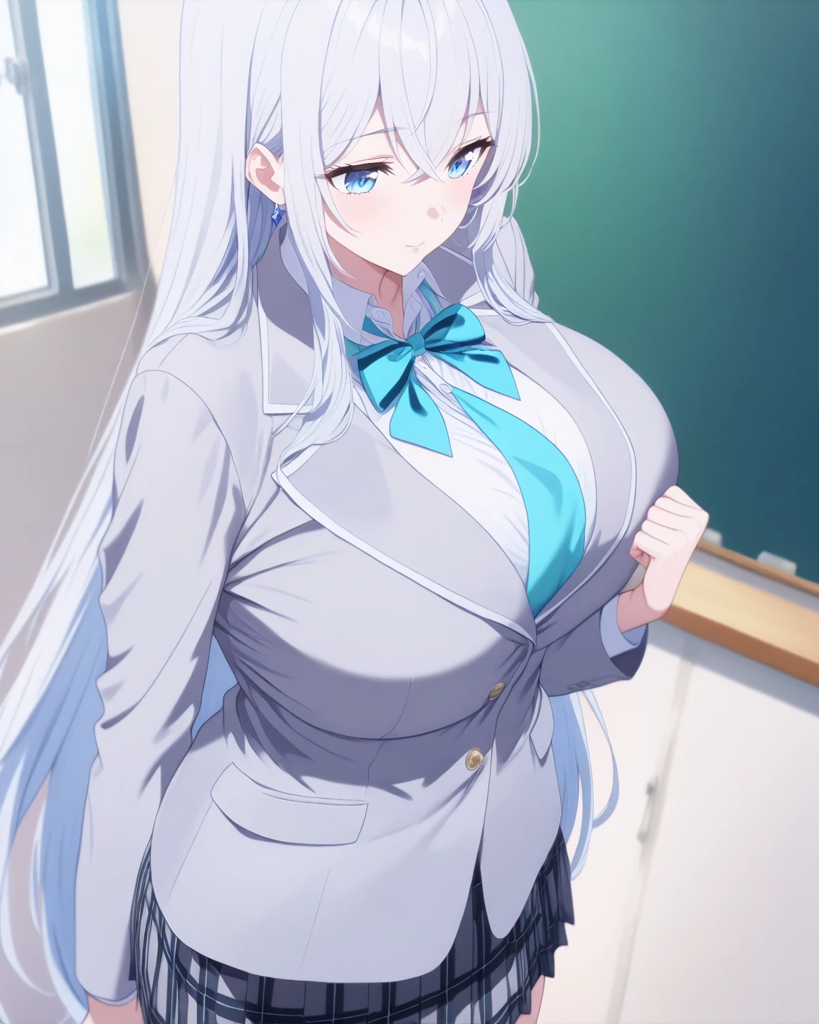 Plain White Background, clouds and a blue sky, blue neckwear, (blue blazer:1.5), collared shirt, white shirt, red eyes, silver hair, bangs, Long hair, 1girl, 20yo,Young female, Beautiful long legs, Beautiful body, Beautiful Nose, Beautiful character design, perfect eyes, perfect face, expressive eyes, perfect balance, looking at viewer (Focus on her face),closed mouth (innocent big eyes:1.0) (Light_Smile:0.3), official art, extremely detailed CG unity 8k wallpaper, perfect lighting, Colorful, Bright_Front face_Lighting, White skin (masterpiece:1.0) (best_quality:1.0) ultra high res, 4K, ultra detailed, photography, 8K, HDR, high res, absurdres:1.2, Kodak portra 400, film grain, blurry background, bokeh:1.2, lens flare (vibrant_color:1.2) professional photograph (Beautiful, large_Breasts:1.4) (beautiful_face:1.5) (narrow waist)