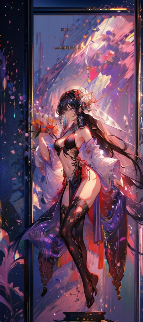 (Masterpiece, top quality, best quality, official art, Beauty and aesthetics: 1.2), (1 girl: 1.3), very detailed, (fractal art: 1.2), colorful, highest detail, (zentangle: 1.2), (dynamic pose), (abstract background: 1.5), (three-layer dress: 1.2), (shiny skin), (multiple colors: 1.4), upper body, transparent gauze, bare shoulders, blooming flower field, glowing skin, light smile, sexy, bust, naked, from below, butt up waiting up