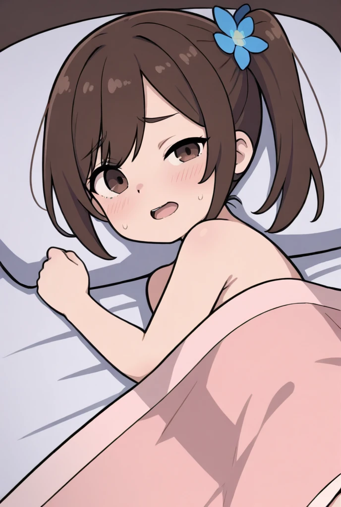((brown ponytail, blue eyes)), cute, kawaii, NSFW, (masterpiece, best quality), nude, ((semi-chibi)), naked, (sphere head), (round breasts), (d-cup breasts), round eyes, (very short), sleeping, lying, shiny skin, on back, shy , best fingers