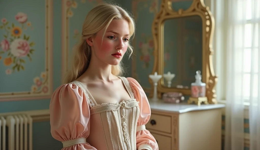 Create a of from the medieval era dress like a peasant looking at themself in the mirror, Reflecting her image in the mirror, a blonde princess wears a pink dress...