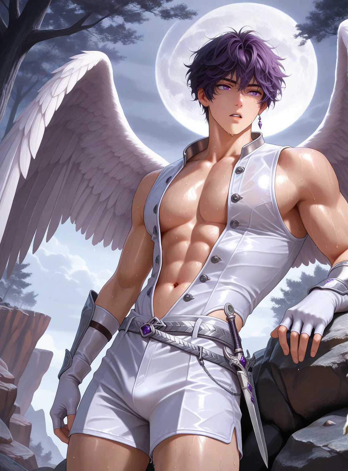 1boy, male, cute face, pale skin, fairy, fairy wings, pink fairy wings, pink eyes, white hair, medium hair, purple hair streaks, clouds, hearts, sexy, skimpy, loincloth, cupid, incubus