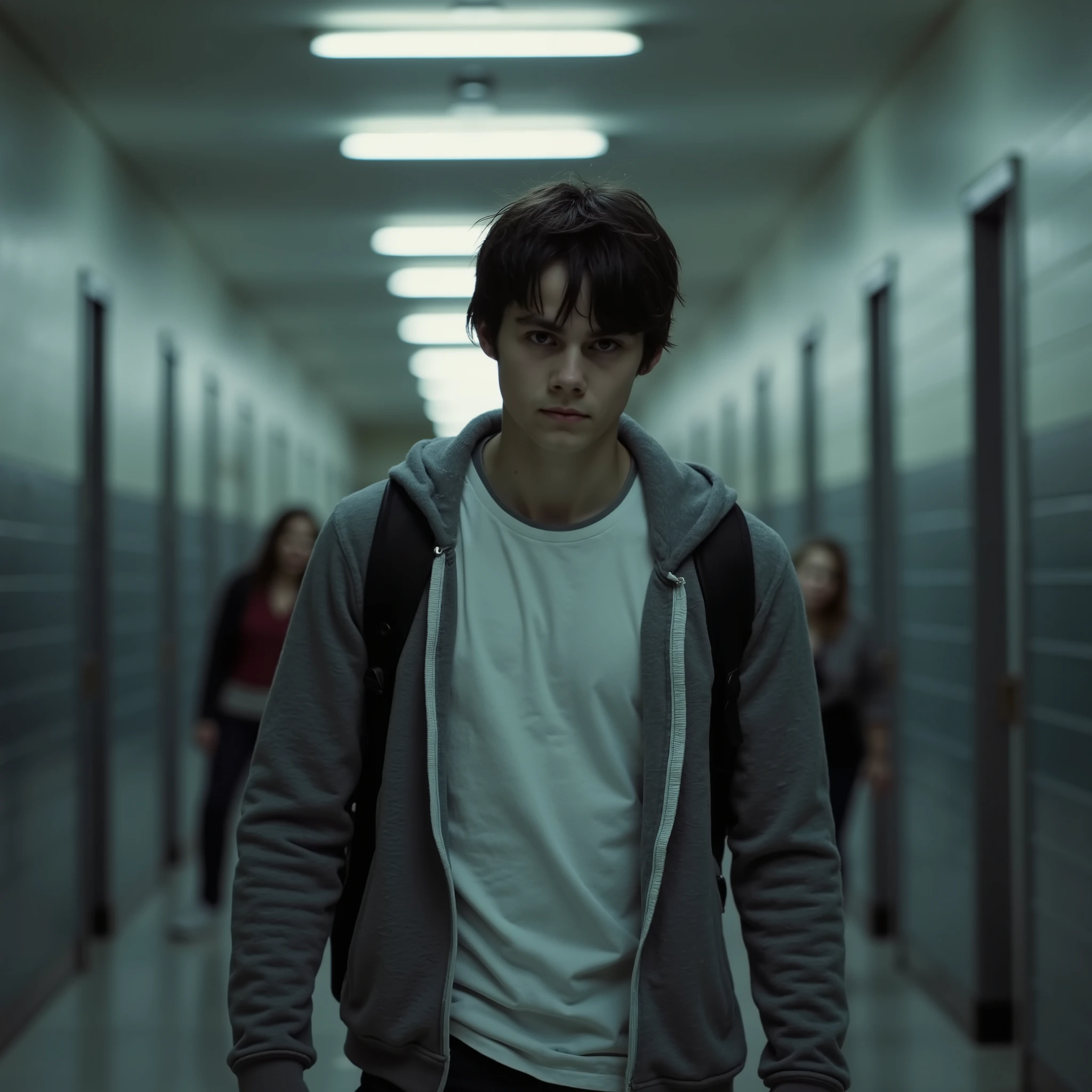 A age boy ((14 anos)) with slightly messy dark hair and warm brown eyes. He wears a gray hoodie over a tight white t-shirt and a black backpack on one shoulder. He walks alone with his head down, exuding a sad and emotionally heavy vibe. His school uniform seems a bit crumpled. Ao fundo, The school corridor is blurry, with cold fluorescent lighting on the ceiling and students in the distance whispering and turning around. The atmosphere is cold , tense and cinematic. Portrait captured with a high-quality Canon 35mm lens, generating ultra-realistic depth and bokeh effect.