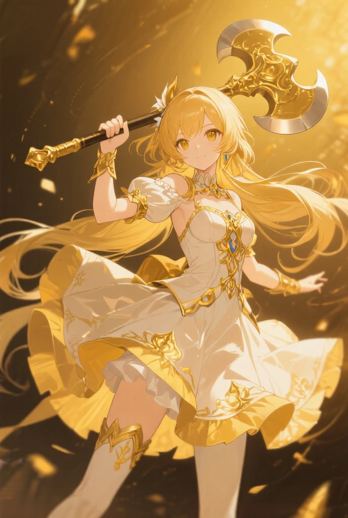 masterpiece、top-quality、(Blonde colored long hair、I have bangs:1.1)、(25 year old woman)、 (gold eyes:1.5)、(Big round eyes:1.5)、(Emphasis on the chest:0.5)、(modest smile expression:1.3)、(Staring:1.5)、(Close-up of the subject's face:0.5)、
golden flame wizard dress、wizard’s wand with red gem、flame wizard hat
five perfect and beautiful fingers、Bust Shot、
Alone、Open your mouth、Fearless smile、(middle Breasts:1.0)、(Glowing Skin:1.2)、(dynamic pose hand holding a sword gripping one Rapier in hand:1.3)、Uplifting、Have a rapier grip、midriff peek、Off the shoulder、(Camel toe)、