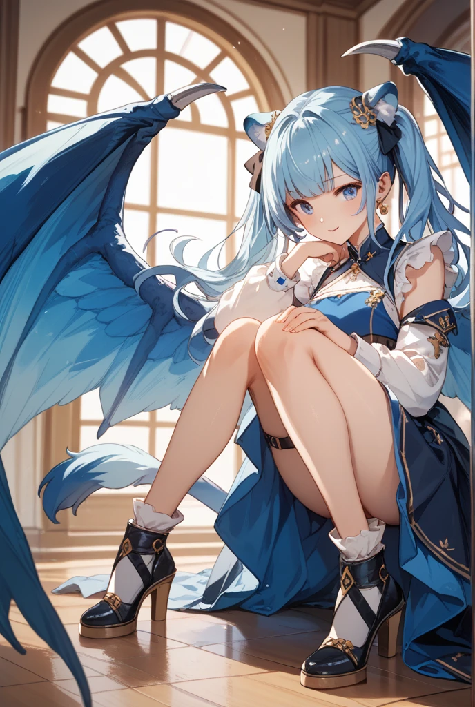giant girl 50,000 feet high，Weight 1000kg，Has a pair of huge blue angel wings，With huge devil horns on his head，wear a crown on your head，Elf wearing blue earrings，She has long blue hair that reaches her feet，loose hair，Long curly blue hair，Wearing a pair of blue boots，blue lace gloves，Blue lace pantyhose，Bow and star embellished tights，蓝色蕾丝whole body，Sitting elegantly on a tall building，Beautiful appearance，Exquisite makeup，quality，8k，高quality，Perfect proportion, Cinema lighting，film grain，Fuji colors，8k，textured skin，Super details，high detail，high resolution，fake smile，blood stains，脚底有blood stains，whole body，fat，elf princess，feather，flowers