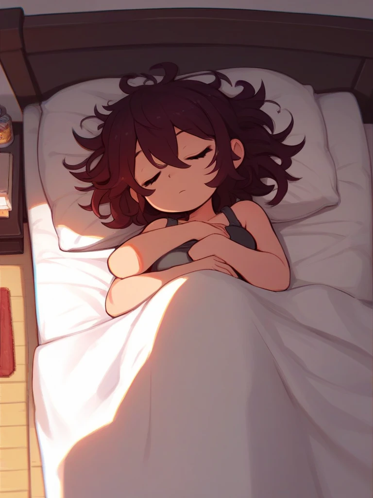 score_9, score_8_up, score_7_up, score_6_up, score_5_up, score_4_up, inside, bed, pillow, blanket, bedroom, sunrise, window, curtains, close-up, upper body, eyes closed, blush, light smile, solo, female, human, brown hair, short hair, messy hair, bangs, medium breasts, lying (on back:1.1), sleeping, under covers