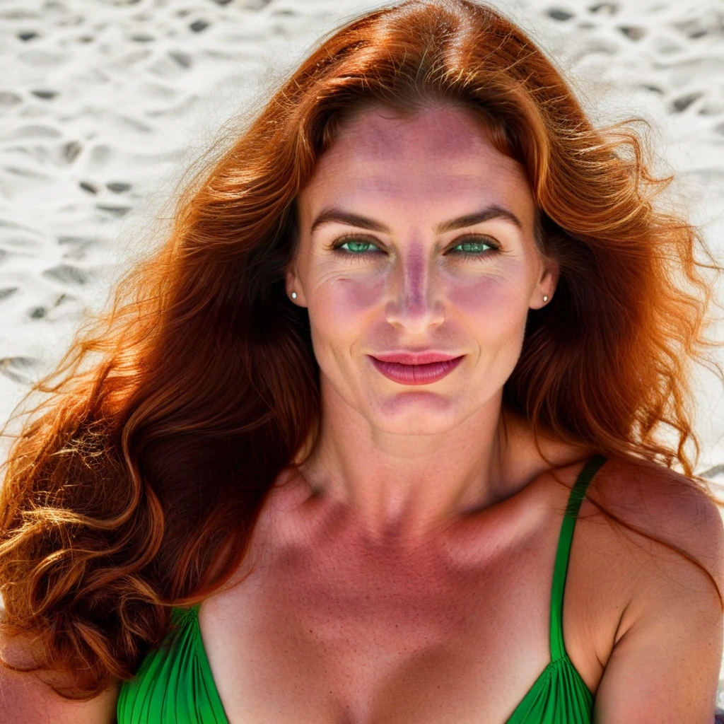RAW PHOTO, her name is Sophia, high quality, 1 old woman, ((40-year-old hourglass body irish woman)), (((40 years old))), (old body), milf, (((red hair))), (pale skin), she is wearing a sexy crochet dress, dynamic pose, BREAK, BACKGROUND: outdoor, beach, instagram photo, film grain
