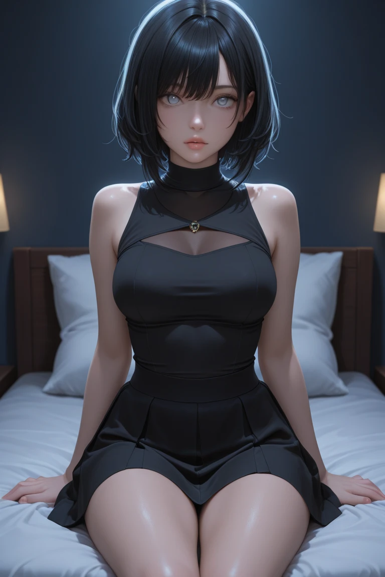 ,(masterpiece,Highest quality),Zettai Ryoki Thigh,Black-haired,Medium Bob,Black socks、Big Breasts、