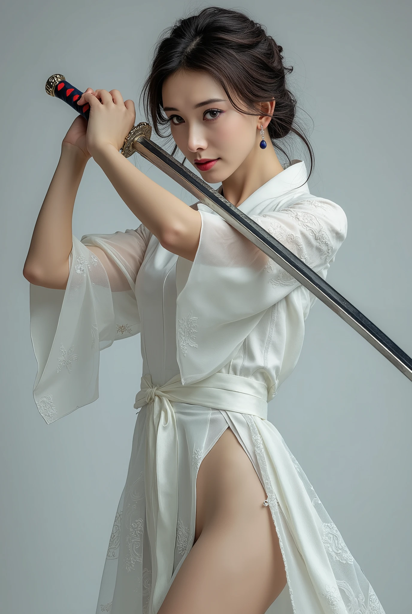Very beautiful woman, woman holding sword, woman murderous expression, woman luxury white kimono, full body image, woman sexy legs