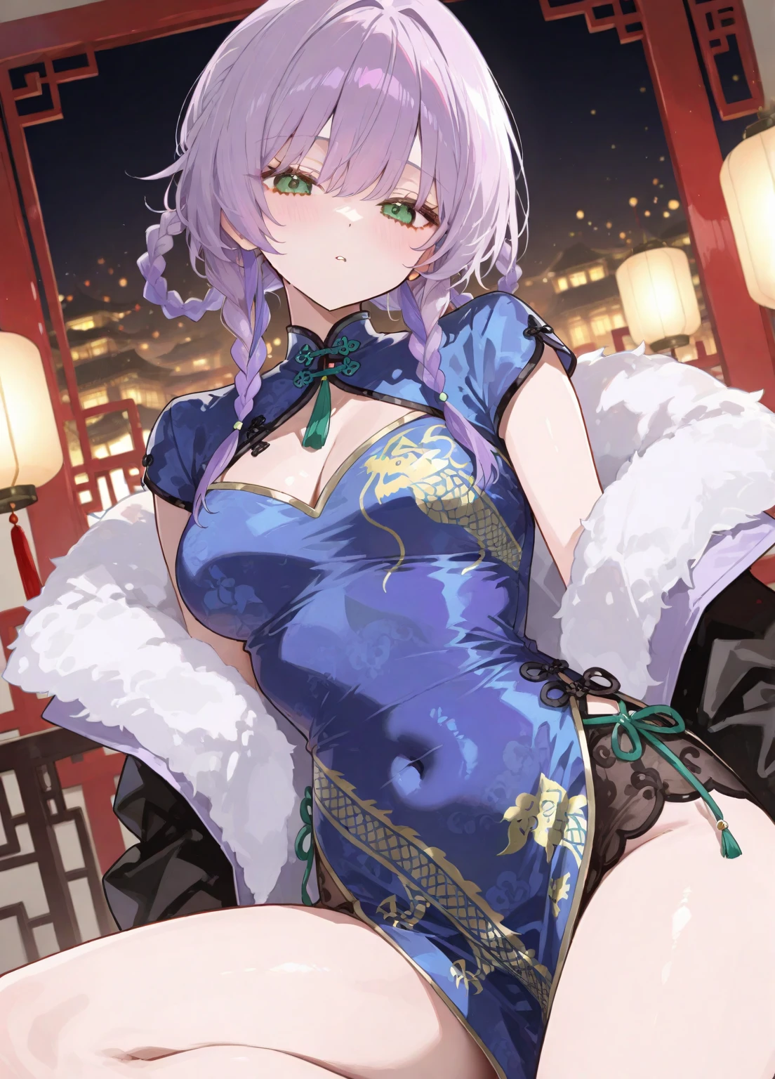light violet hair，short detailed hair，Deep purple eyes，Qi bangs，Bunny ears，Mid-Autumn Festival，bay laurel