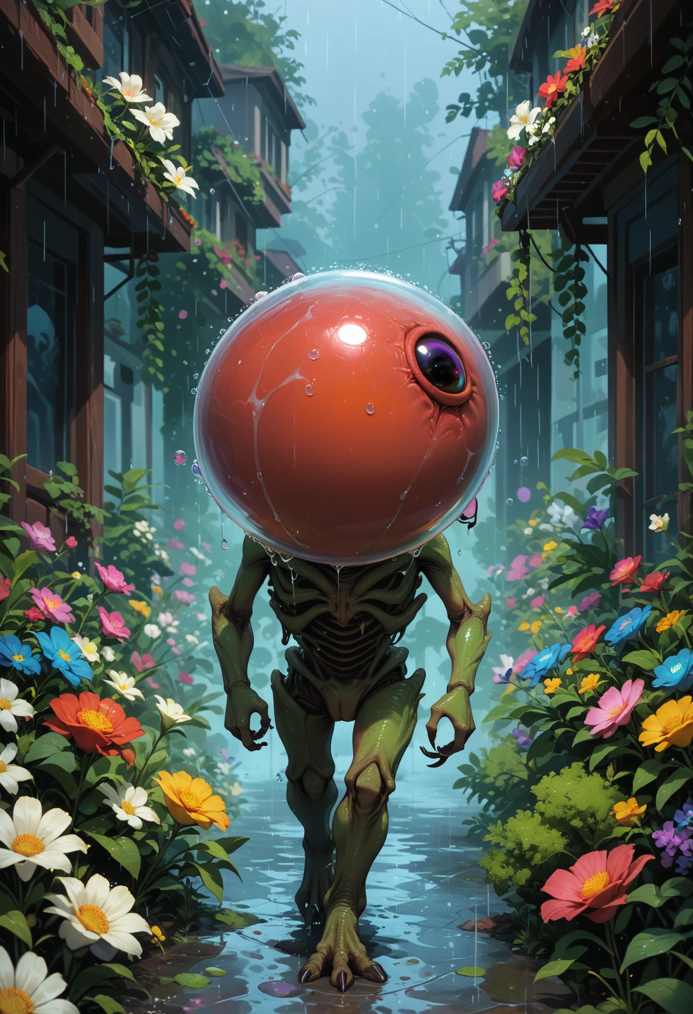 SmoothNoob_Quality,alien world, alien flower, multicolored flowers, walking eyeball, no humans, rain, bubbles, 