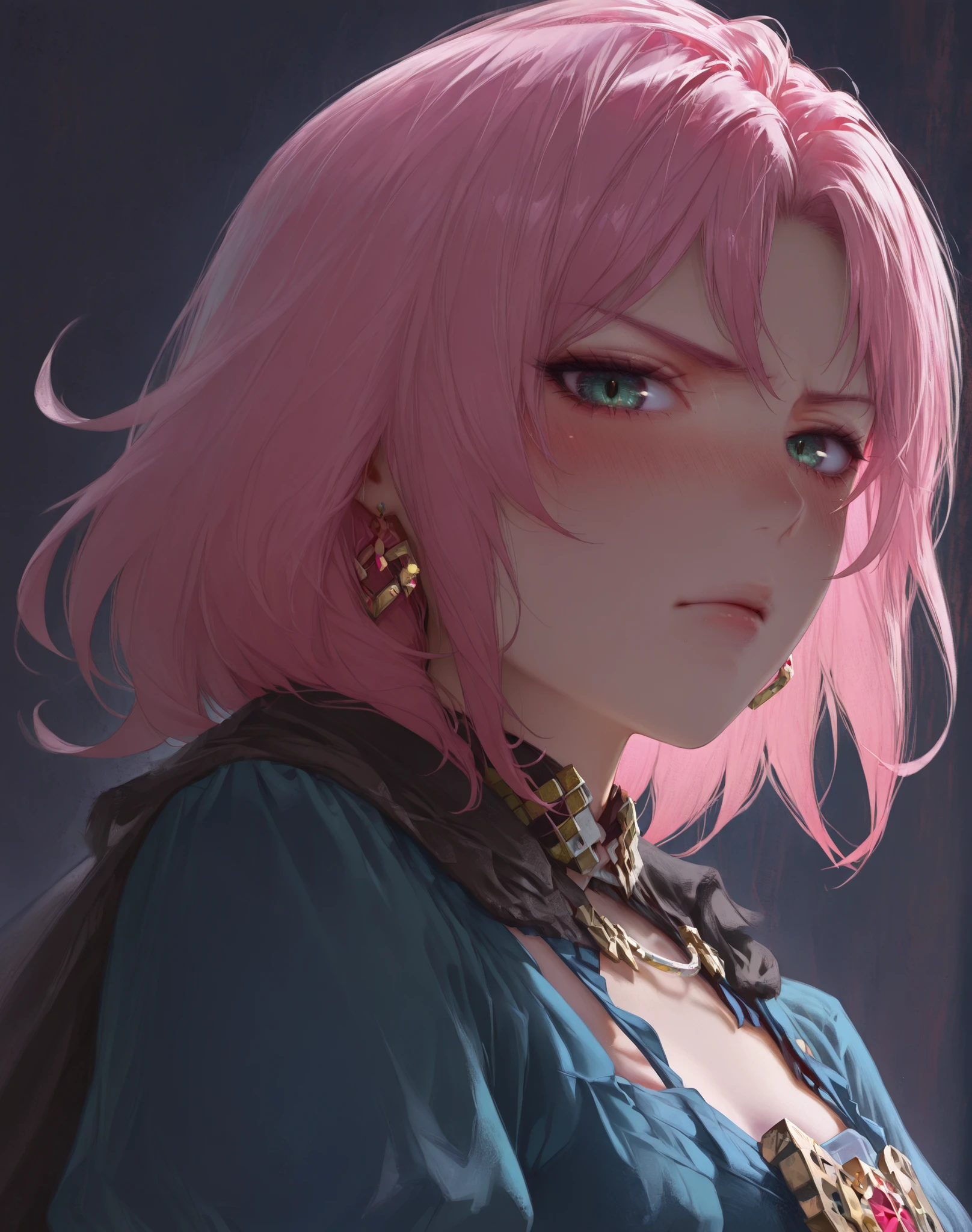 upper body portrait,1girl, solo, short hair, pink hair, jewelry, glaring at viewer, blushing ,blue dress, puffy sleeves, cape,blue from below , cute , perfect beautiful face