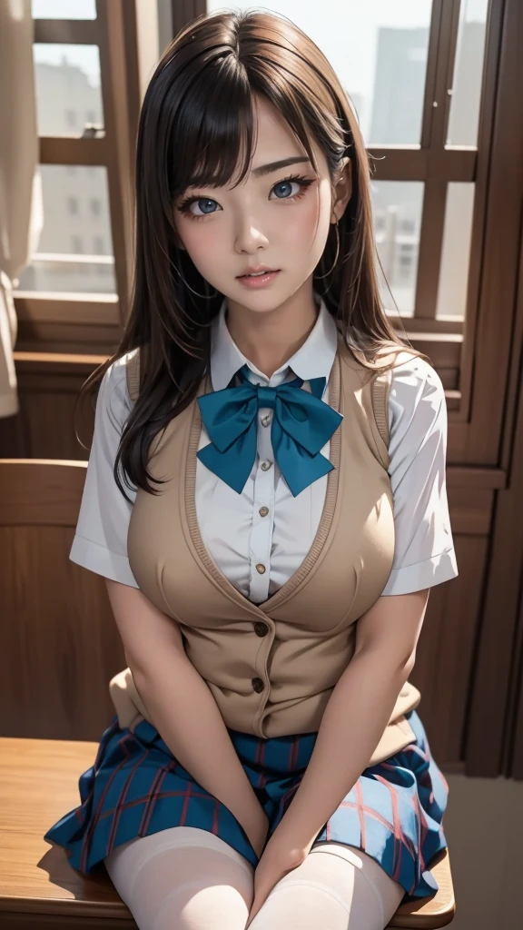 Photorealistic perfect body、Ultra-high image quality、Ultra-high realistic image quality、(Wearing a schoolgirl uniform:1.5)、(Wearing a uniform dress shirt that shows cleavage:1.4)、(Solo)、huge-breasted、(cleavage of the breast:1.3)、(Hibiscus hair ornament and twin-tailed hair:1.2)、Waist slender、overknee socks、Suede boots、a blond、Hair of medium length、japanes、(age face)、Gal style necklace、Gal style bracelet、Gal style earrings、fullllbody
