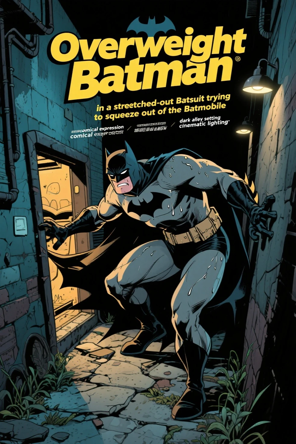 BATMAN INVESTIGA A CENA DO CRIME + uniforme em cinza e preto + Capa preta + Black and embossed symbol + A lot of blood on the floor and on the walls + police scene of a murder with yellow stripes of forensic police closing the entrance to the door + bem detalhado, ultra resolution, Cartoon, estilo Jim Lee,64k, --ar 2:3
