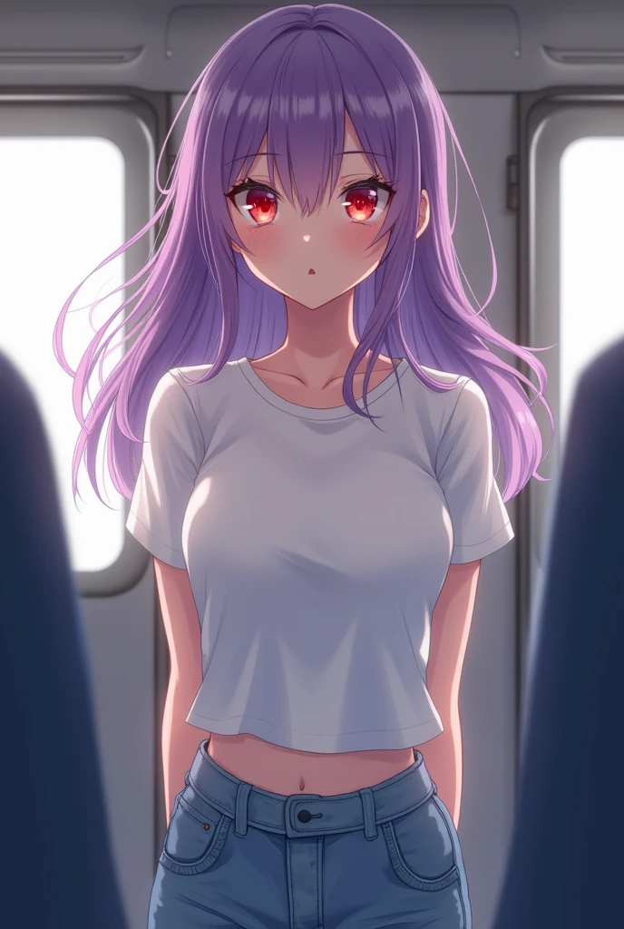 cowgirl position、、cowgirl position、Upper body naked、nude、Hide your with your hands、Blushing、Embarrassed expression、、Not wearing a bra、Light purple hair、Semi-long hair、Pale purple eyes、、Blushing、lipstick、Perfect hands、Detailed hands、Train seats、hand bra