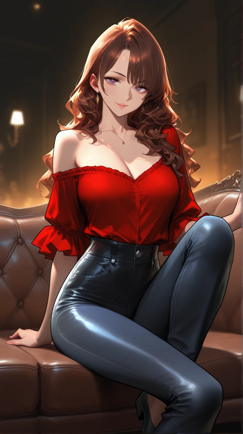 1girl, (solo:1.2), curvy, (masterpiece:1.2), (best quality:1.2), (perfect anatomy:1.4), (standing:1.4), (closed mouth:1.2), smile, (large breasts:1.2), (cowboy shot:1.2), blush, (beautiful white clouds:1.3), puffy clouds, white sky, neoartcore, pinup, (soft shading:1.2), she1, red hair, hair over eyes, split ponytail, pink jacket, cleavage, fur trim, black dress, earrings, jewelry