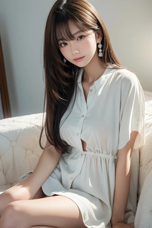 (8k, RAW photo, best quality, masterpiece, ultra detailed:1.2),(realistic, photo-realistic:1.4), upper body shot, (extremely cute Japanese idol,1.2), 20 years old, (detailed skin, detailed face: 1.2), sharp focus, SIGMA 85mm f/1.4., depth of field, blur background, bokeh, cinematic lighting, soft light, midnight, pale skin, brown eyes, naughty smile, seductive, kawaii, looking at viewer, long straight black hair, (see through formal shirt), (looking back:1.2), big ass, bed, big breasts