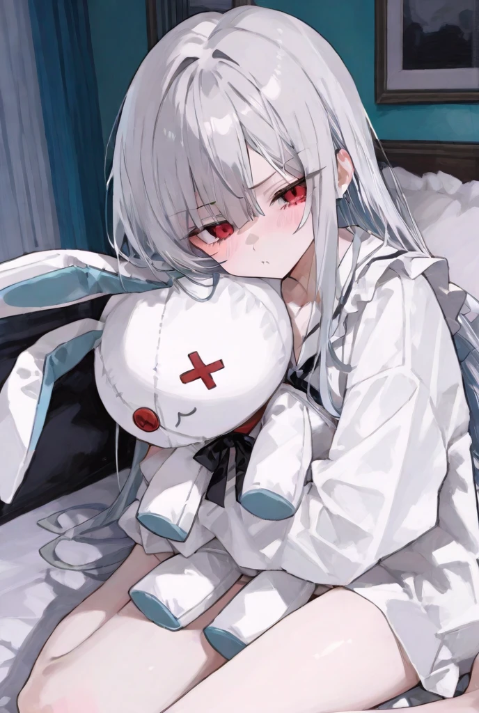 *a , on a black background, slightly dirty white clothes, looks at the viewer, yellow slightly long hair, blood on her face, one eye is injured, a sad and gloomy expression on her face, holds a white rabbit toy in her hand*