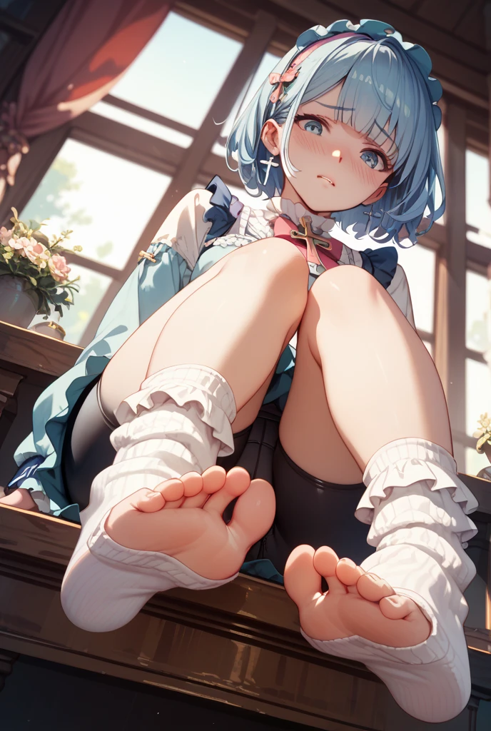 Masterpiece, Best Quality, high resolution, pier and sea in the background, a woman, 30 years old, sexy, alone, big breasts, Blue eyes, White skin, short hair, blue fur,look of satisfaction, blush, sitting on the planks of the dock, smiling, (row of white ovals in hair) White shirt short blue skirt , legs separated and stretched, barefoot, hanging soles , head on, No panties, (soles of the feet), (view from under the pier) pies head on, View from below