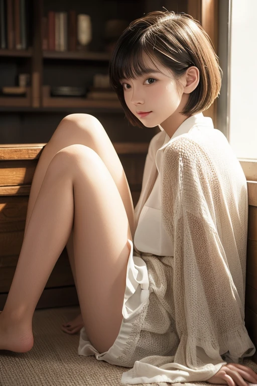 ((full body)),((full pose picture)) Masterpiece: 1.3), (8K, Photorealistic, RAW Photography, Best Quality: 1.4), Japan Girls, Standard Body Shape: 1.3, (light brown straight bob Hairstyle: 1.4),  Ultra Detail Face, Eyes of Detail, Double Eyelids, slim legs, slim body, 20 years old girl, teen, ((squatting:1.4)), black panties:1.3, spread legs:1.4, Slouching Breasts, Sharp Focus: 1.2, Pretty Women: 1.4, Light black Hair, Top Quality, wink, blushing, Masterpiece, ((smile:1.3)), Ultra high resolution, firm buttocks, black eye shadow, (photorealistic: 1.4), very detailed and professional lighting smile, hotel room, white bathrobe:1.4, unbuttoned bathrobe, blue heels:1.4, show nipples:1.4, undressing:1.4,