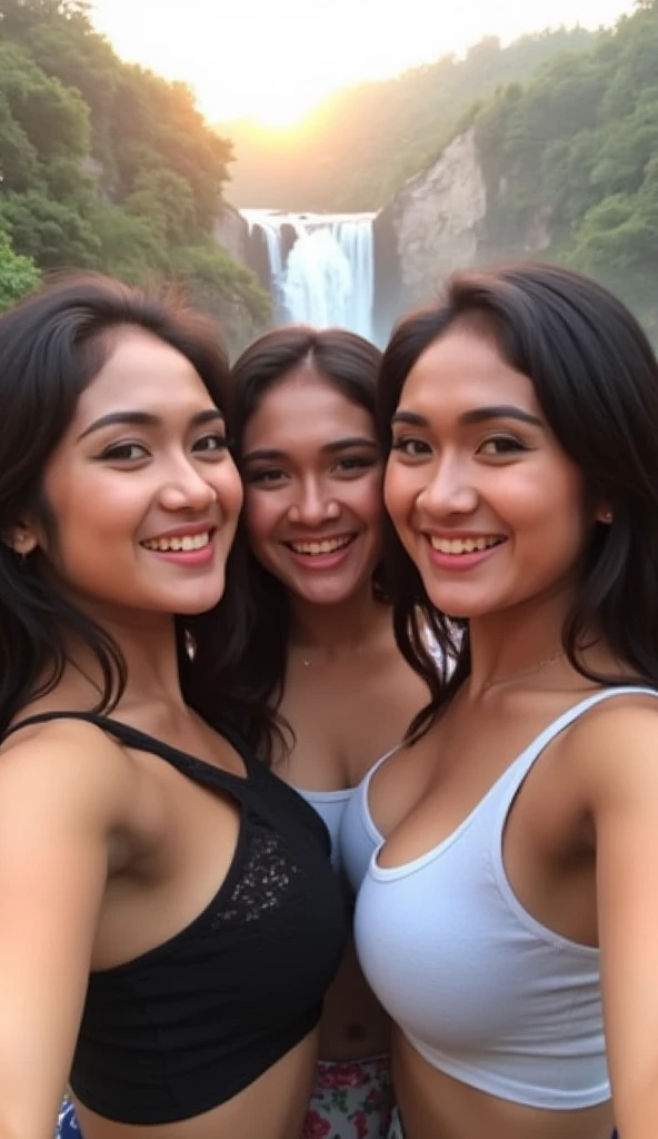 photograph of 14 year old woman and 12 years old chinese girls, blonde. cara perfecta, obra maestra, Bien. En una cascada, smiling. No bra