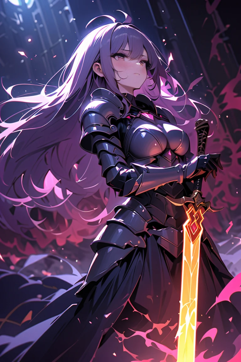 (1girl, purple hair, short hair, spiral eyes, angry, clenched teeth) (digital) (looking at viewer) (upper body) (standing), (Dark Purple Sparkling Forest background), (short skirt)) , best quality, pointy ears, colored skin, blue skin, glowing, cleavage, armor, navel, Abdomen, voidelf, SplitScreen, split screen, Holding sword, swordup,