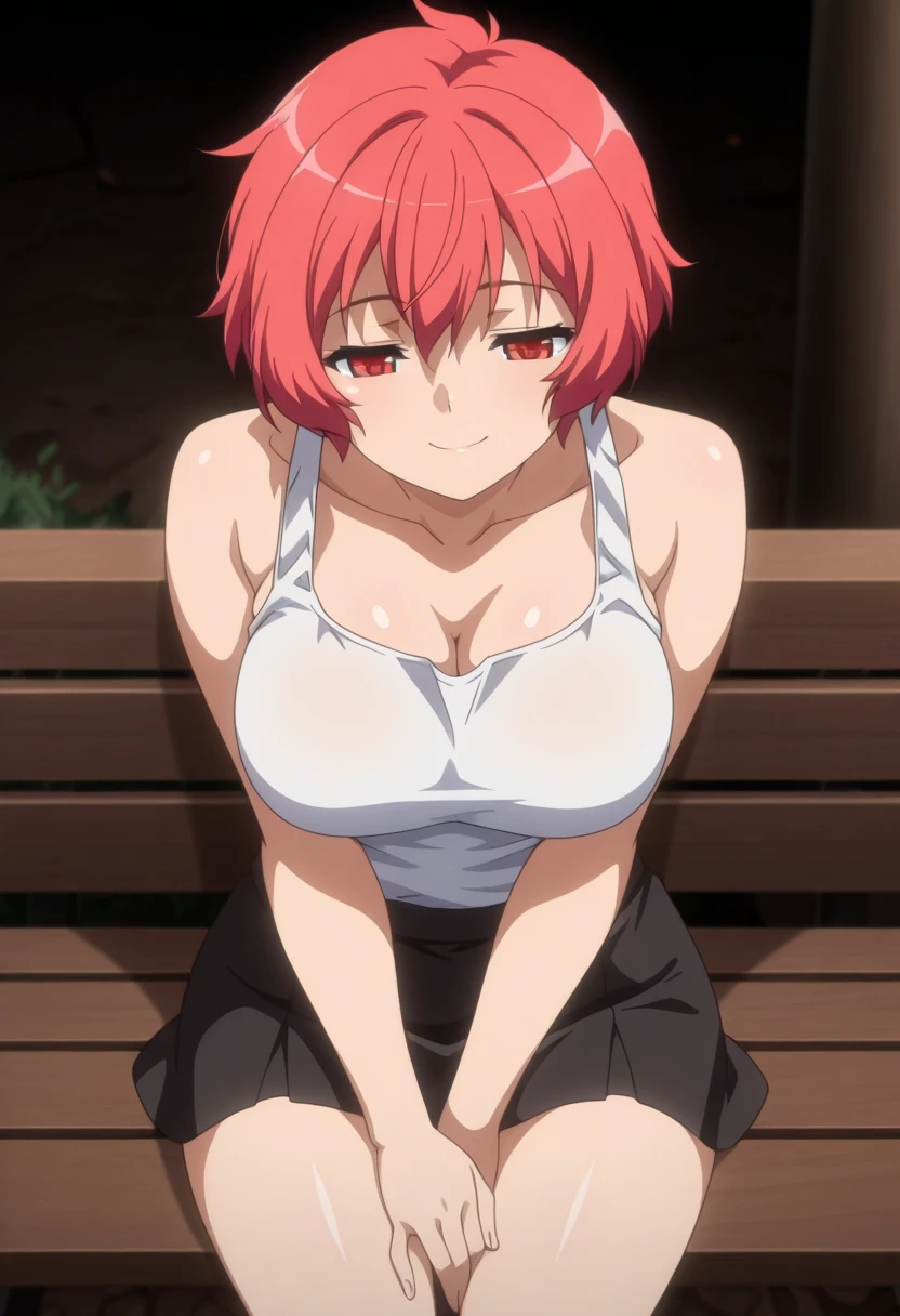 (masterpiece, best quality, high resolution, animescreencap, anime colored,), (perfect anatomy, beautiful detailed eyes, beautiful detailed body, beautiful breast, shiny skin), 1girl, red hair, side bangs, twintails, ((side twintailedium breasts, smiling,orange eyes, ringed eyes, anime eyes, armpits, looking at viewer, ((frilled pink bikini)), ((wet skin)),((looking from up above )), ((outdoors)), ((sweaty body)), ((perfectly detailed hands)), ((sitting on a bench)), ((tan lines)), ((super sweaty)), ((hands between legs))
