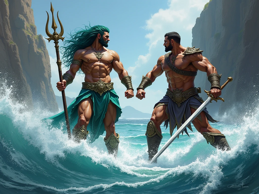 In a picture, Poseidon must be emerging from the sea waves, holding your trident high, with a fierce and determined expression. The background should include elements such as turbulent waves and sea creatures