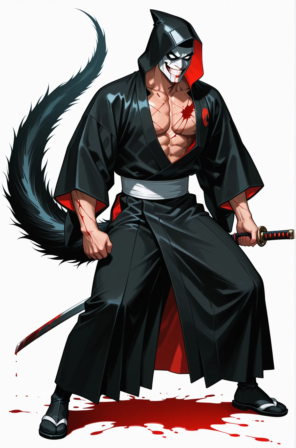 temujin, an illustration of a cartoon male with a demon head and a red cape, bulge, 1boy, male focus, bara, nipples, tentacles, muscular male, erection under clothes, pectorals, muscular, wolf ears, solo, tentacles on male, abs, furry, furry male, large pectorals, animal ears, erection, topless male, navel, stomach, thick thighs, wolf boy, thighs,hakama pants,hakama,open kimono,kimono,full body, full body shot