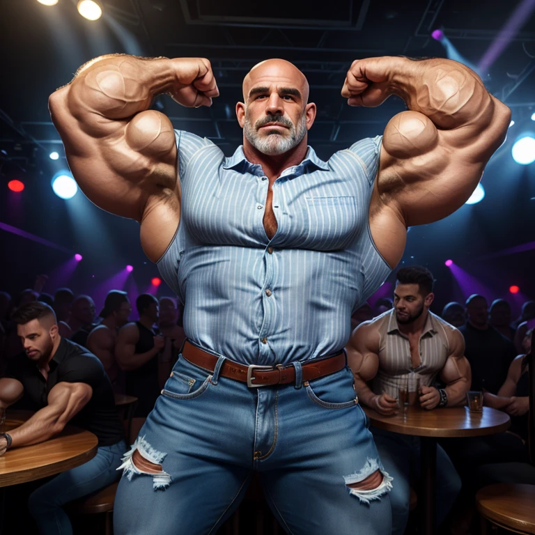 Hq photos. full body view, the 2 biggest heaviest thickest hypermassive overmuscular bodybuilded different white european males with hype styled undercut haircuts, facial piercings. intense neverending bigger muscle maxovergrowth . Dancing In disco party in latex shiny short jumpsuits and hype futurist balenciaga tripe s chunky sneakers and fashion oversized white slouch socks, lots of jewelery and rings, socks must be seen, with disco bodybuilders dancing behind