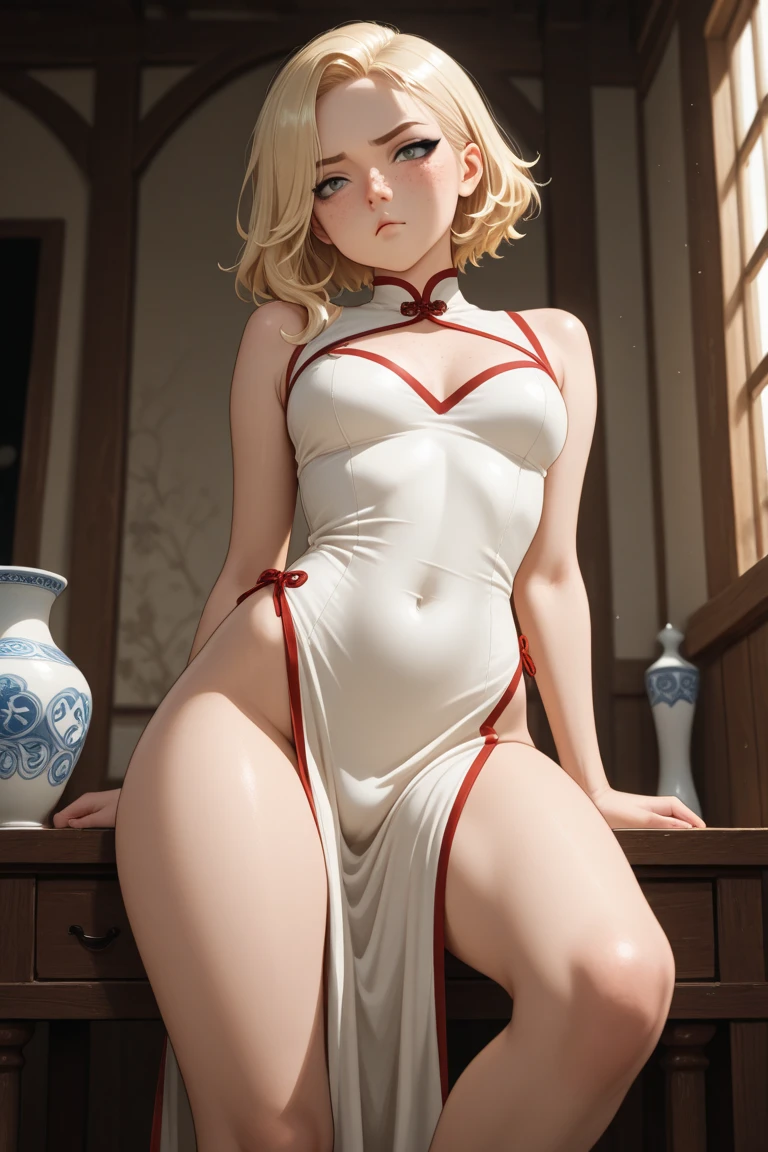 30 years old woman, milf, beautiful, short white hair, crimson eyes, pale white skin, amazing Body, big breasts, thick thighs, milkmaid, white super small translucent chinese dress, without bra, pose simple, blurred background. No blur, perfect lines and details, (masterpiece), clothes barely covers her skin. No panties, perfect detailed colors amd shadows, full body picture. Erotic woman, half naked, most erotic girl on the planet